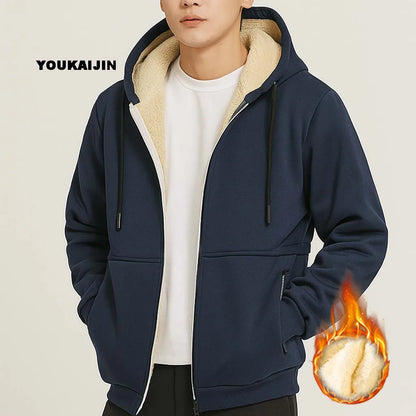 Men's Warm Fleece Hoodie Autumn Winter Sherpa Lined Full-Zip Solid Color Sweatshirt Jacket Coat.