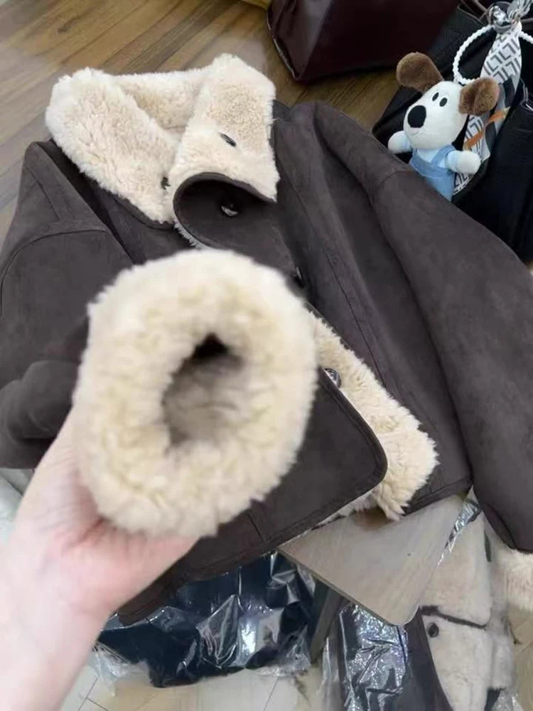 Dicke Lamm Warme Jacke für Frauen Winter Mode Doppelseitige Tragen Warme Pelz Mäntel Bf Koreanische Lose Einreiher Revers outwear.