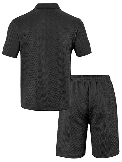2025 Summer New Men's Casual Sportswear Polo Shirt With A Lapel, Men's Short-sleeved Shirt And Shorts, Jacquard Texture Suit.