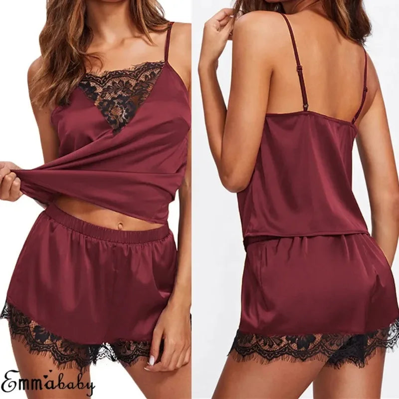 Frauen Eis Seide Pyjama Nachtwäsche Pyjama Set Nachthemden Nachthemd Leibchen Shorts schwarz rot l xl Spitze lässig sexy glatt 파자.