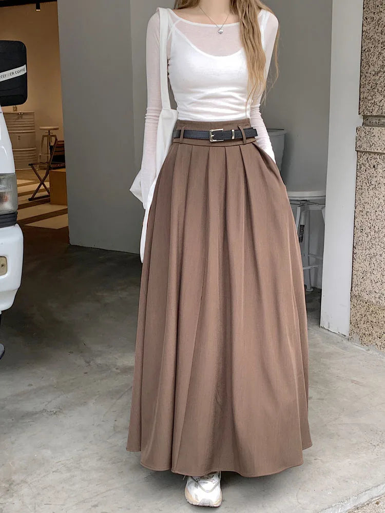 Qiukichonson Grey Midi Long Skirts Womens Maxi Skirt 2023 Autumn Winter Suit Skirt Goth Lolita High Waist Ruffle Pleated Skirts.