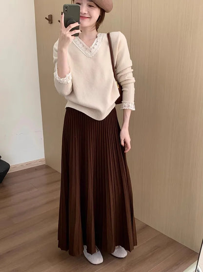 2026 Khaki Cashmere Knitted Midi Skirt for Women, Loose Fit, Draped, Slimming A-Line Pleated Skirt for Autumn and Winter