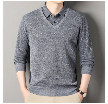 Men's Fleece Lining Sweater Autumn Winter Pullover Polo Shirt Collar Fake Two Piece Thick Warm Top Clothes Casual Knitwear.