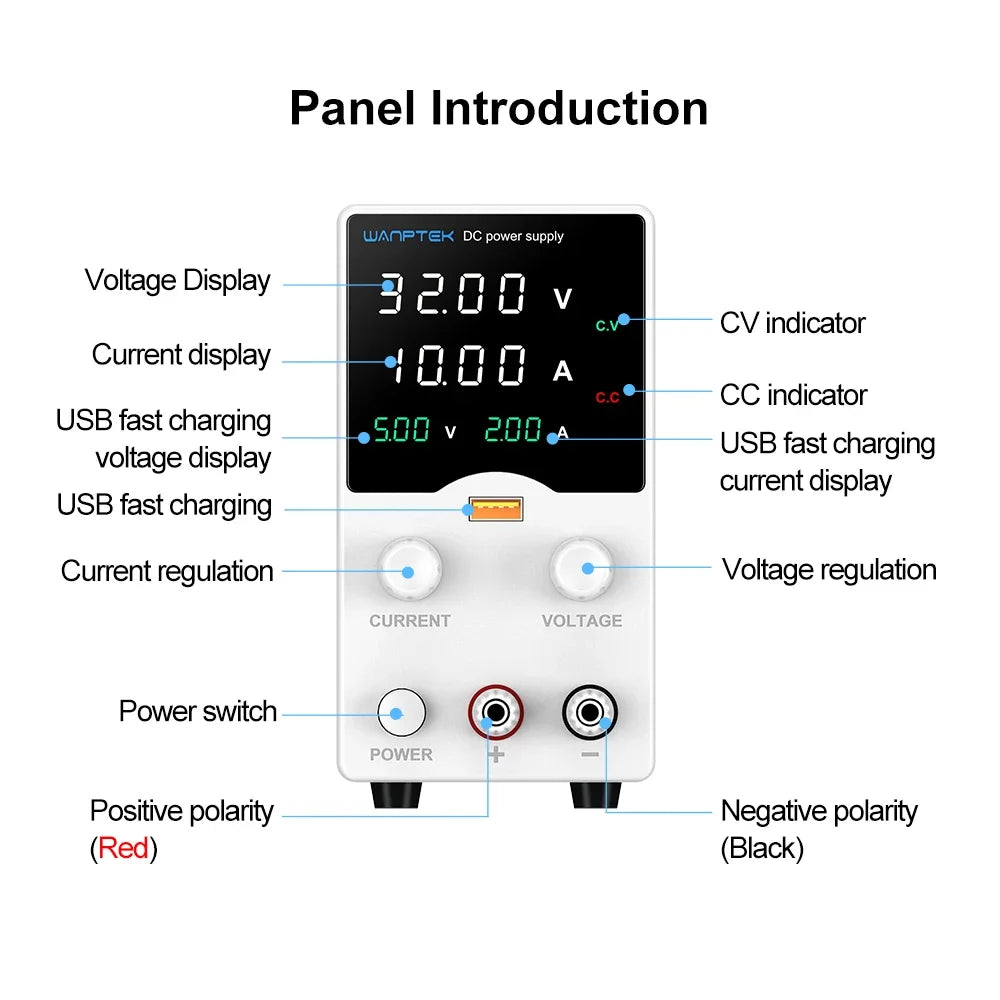 Wanptek Laboratory Power Supply 30V 5A 30V 10A 60V 5A 120V 3A Encoder Adjustment with USB Fast Charging Lab DC Power Supply.