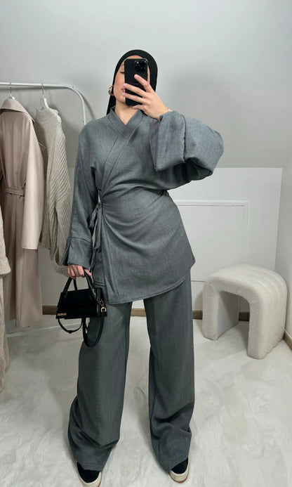 Two Piece Set Women Muslim Blouse Lace Up Wide Leg Pants Suit Eid Ramadan Morocco Dubai Islam Ensemble Arabic Modest Outfits