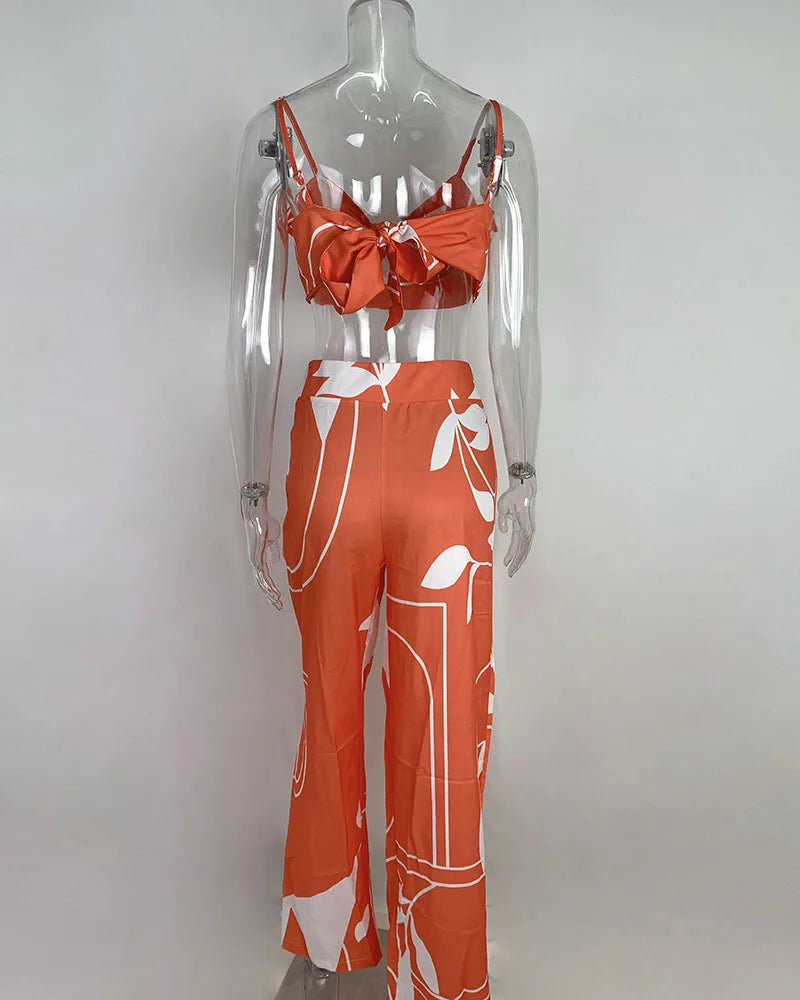 Elegant Two Piece Outfits For Women 2025 Sexy V-Neck Strap Backless Lace-up Slim Crop Top & Wide Leg Pants Sets Summer Lady Suit.