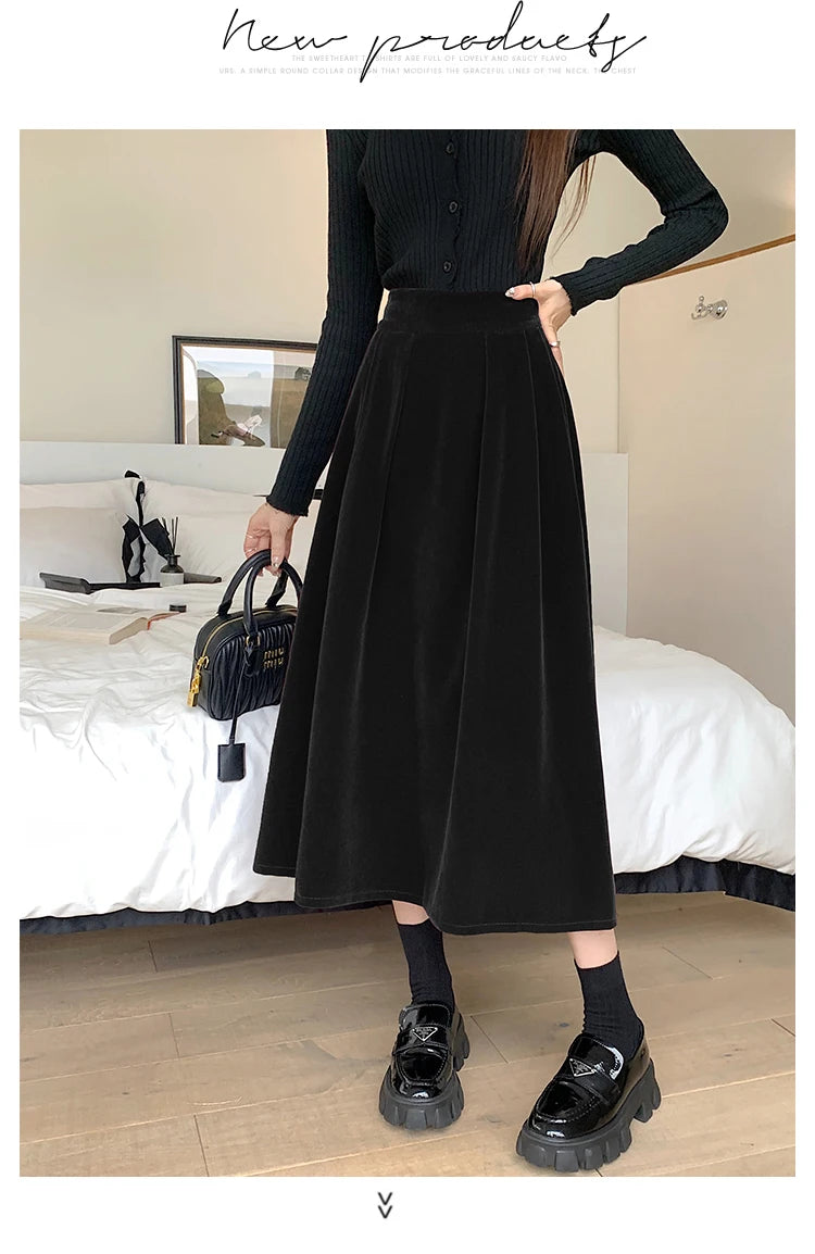 Autumn Winter Warm Vintage Red Elegant Velvet A-line Skirt For Women 2023 High Waist Casual Black Party Pleated Big Swing Skirts.