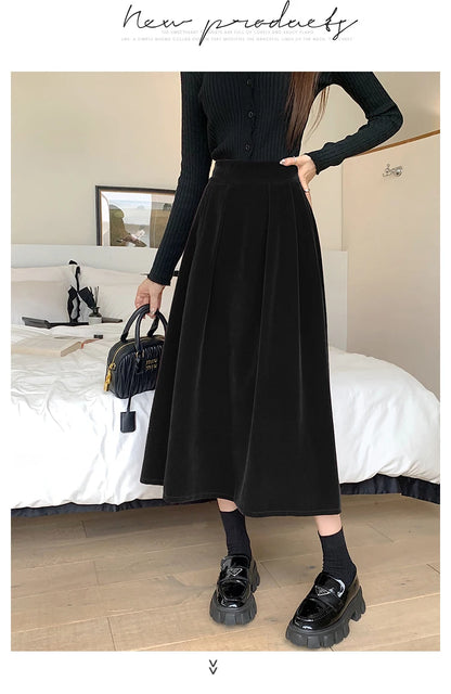 Autumn Winter Warm Vintage Red Elegant Velvet A-line Skirt For Women 2023 High Waist Casual Black Party Pleated Big Swing Skirts.