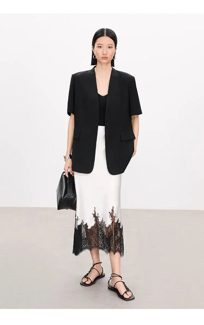 Mia Girl Elegant Satin Long Skirts for Women Oversize Lace Patchwork High Waist A-line Skirt French Style Summer Chic Lady Skirt.