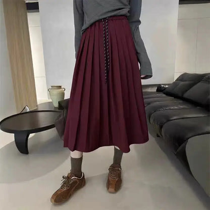 Autumn Women's Solid Color High Waist Pleated A Line Long Skirt Korean Fashion College Style Drawstring Lace-up Skirt 2024 Trend.