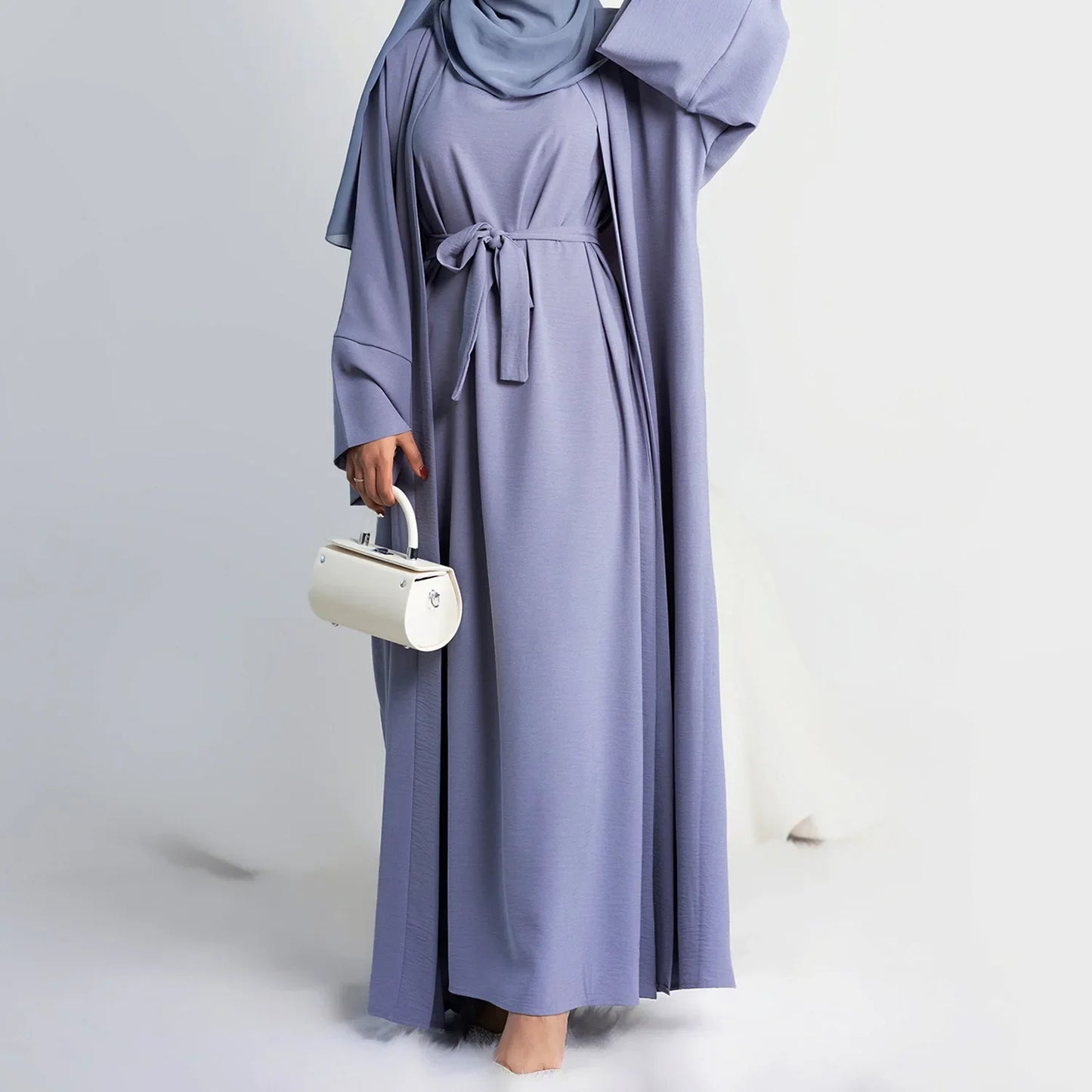 Muslim Woman Set 2 Piece Abaya Kimono with Sleeveless Inner Dress Simple Matching Outfits Dubai Turkey Casual Islamic Clothing.