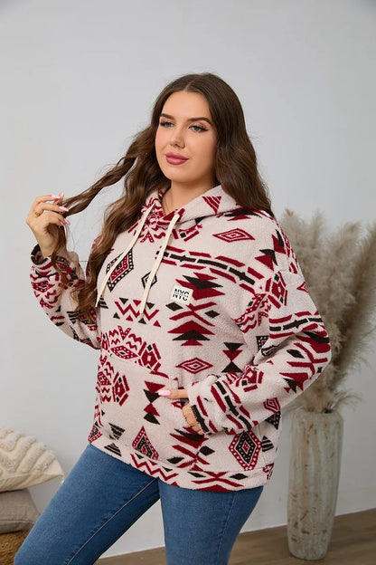 Kapuzenpullover für Damen, große Größe, Reißverschluss-Sweatshirts, ethnischer Druck, flauschiger Streetwear-Pullover, Herbst-Winter-Rollkragenpullover.