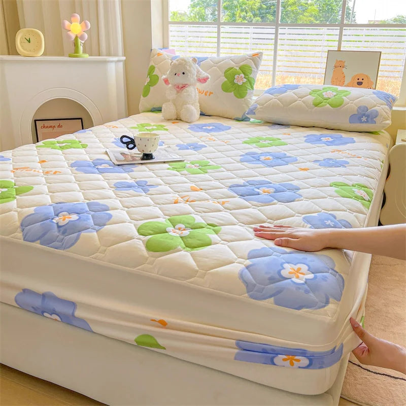 1pc Quilted Bed Cover Floral Style Bedspread Thicken Soft Bed Linen Elastic Mattress Protector cubre colchón (No Pillowcase).