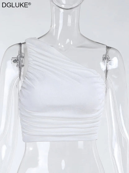 White Tank Top For Women Ruched One Shoulder Crop Top Female Elegant Summer Tops Holiday Beach Cami Top Y2K 2000s