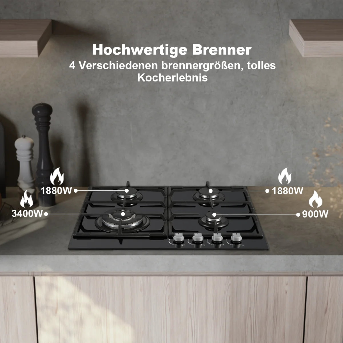 ‌58cm Gas Hob | 4 Burner Dual Fuel (NG/LPG) 8060W Auto Flame Shut-off & Tempered Glass Surface | Built-in/Freestanding 220-240V.