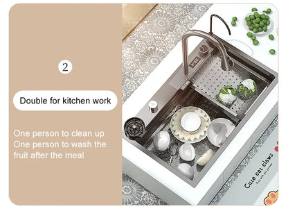 Waterfall Sink Kitchen Stainless Steel Topmount Sink Large Single Slot Wash Basin With Multifunction Touch Waterfall Faucet