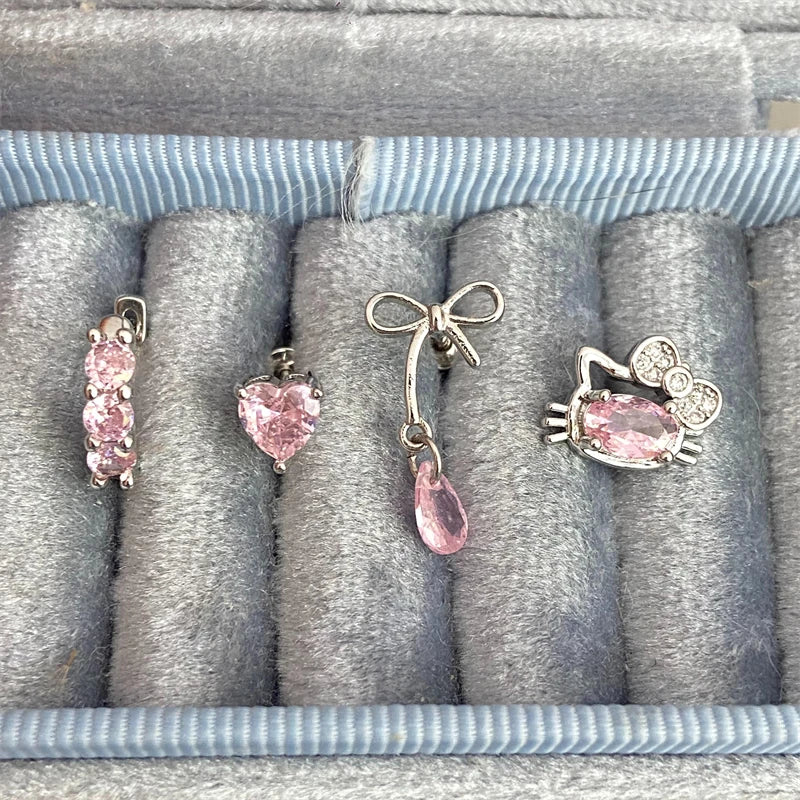 Cute Pink Zircon Cat Stainless Steel Ear Bone Nail Water Droplet Pendant Small Earrings for Women Cochlear Puncture Accessory.