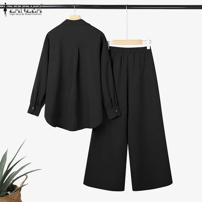 2025 ZANZEA Fashion Lapel Long Sleeve Tops Pant Suit Autumn 2 Piece Sets Women Outfits Office Pant Sets Casual Work OL Tracksuit.