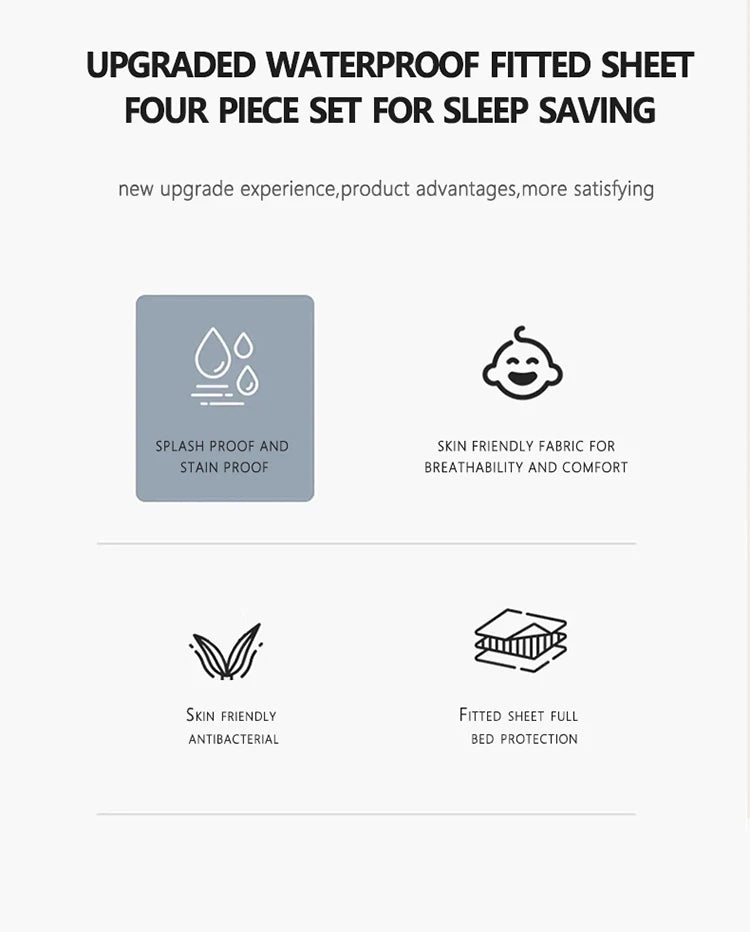 3/4pcs Solid Beding Set, Waterproof Fitted sheet & Bed Sheet & Pillowcases Soft, Queen, KIng, Full, Twin Size, White and Gray.