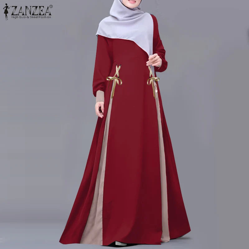 ZANZEA Mode Frauen Langarm Muslimischen Abaya Kleid Frühling Patchwork Maxi Kleider Robe Femme IsIamic Vestidos Lace Up Sommerkleid.