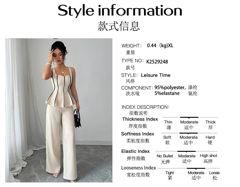 Two Piece Sets Women Pant Set Sleeveless Matching Sets Ruffles Tops Y2k Streetwear Elegant Work Wide Leg Long Pants High Waist.