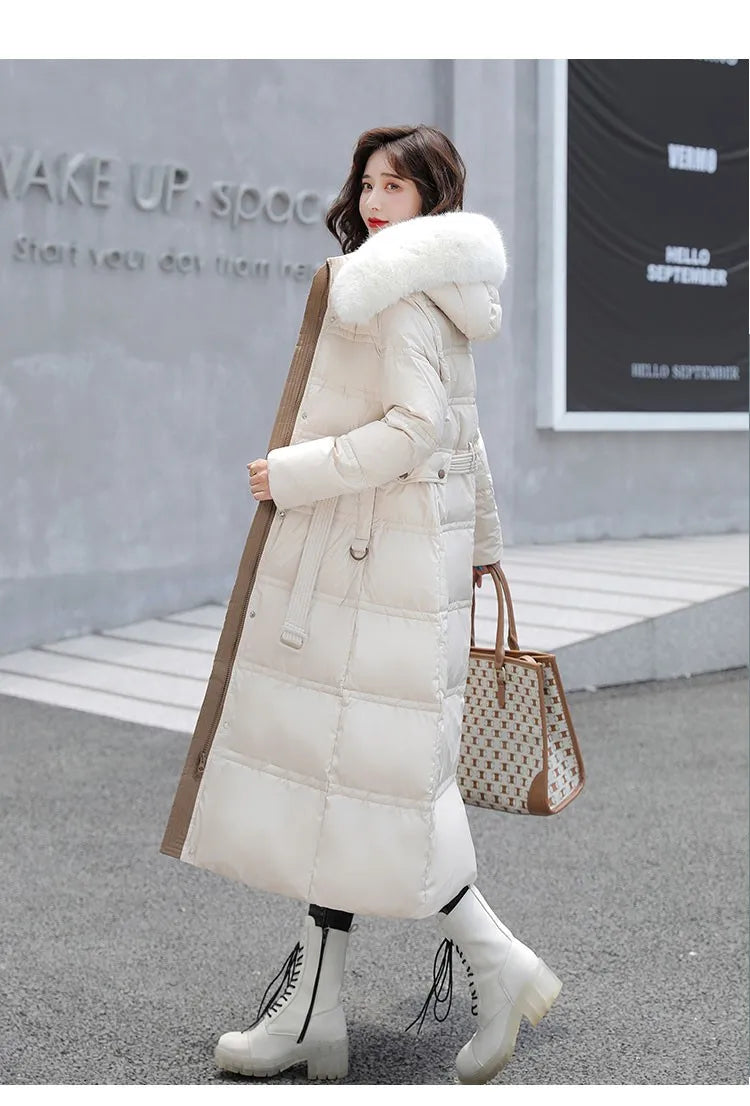 2024 neue Winter frauen Gepolsterte Jacken Mid-länge Modische Mit Kapuze Große Pelz Kragen Lose Dicke Unten Baumwolle Oberbekleidung damen