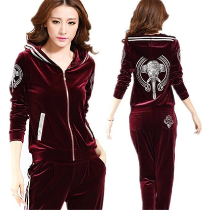 Korean Print Velvet 2 Piece Set Casual Hooded Women Outfit Harem Pant Suits Tracksuit Velour Jogging Femme Spring Fall Conjuntos.