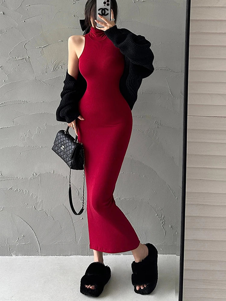 Rot Dünne Sexy Rollkragen Midi Kleid Frauen Abend Party Damen Elastische Hüfte Wrap Elegante Bodycon Kleider Y2k Kleidung