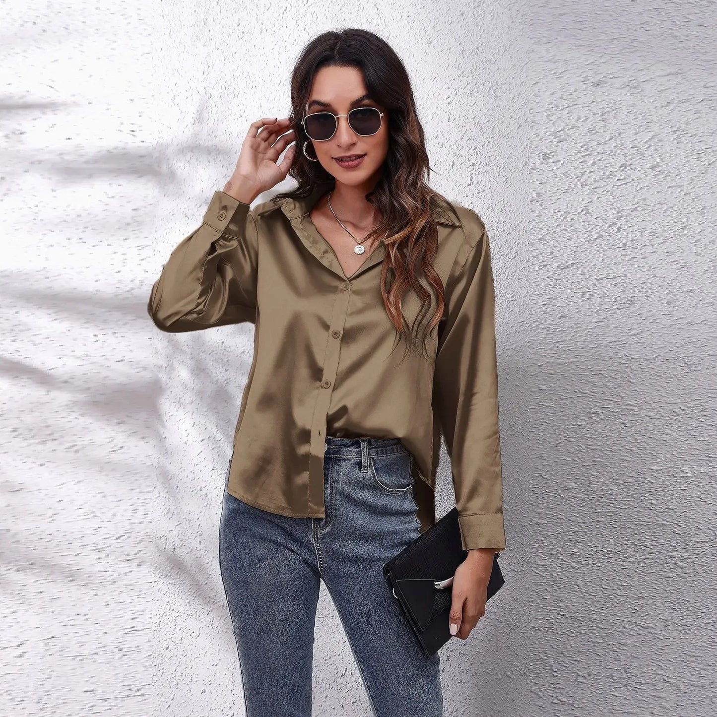 Autumn Women Solid Satin Shirt Long Sleeve Imitation Silk Loose Button Up Blouse Shirt Ladies Tops Fashion Clothing