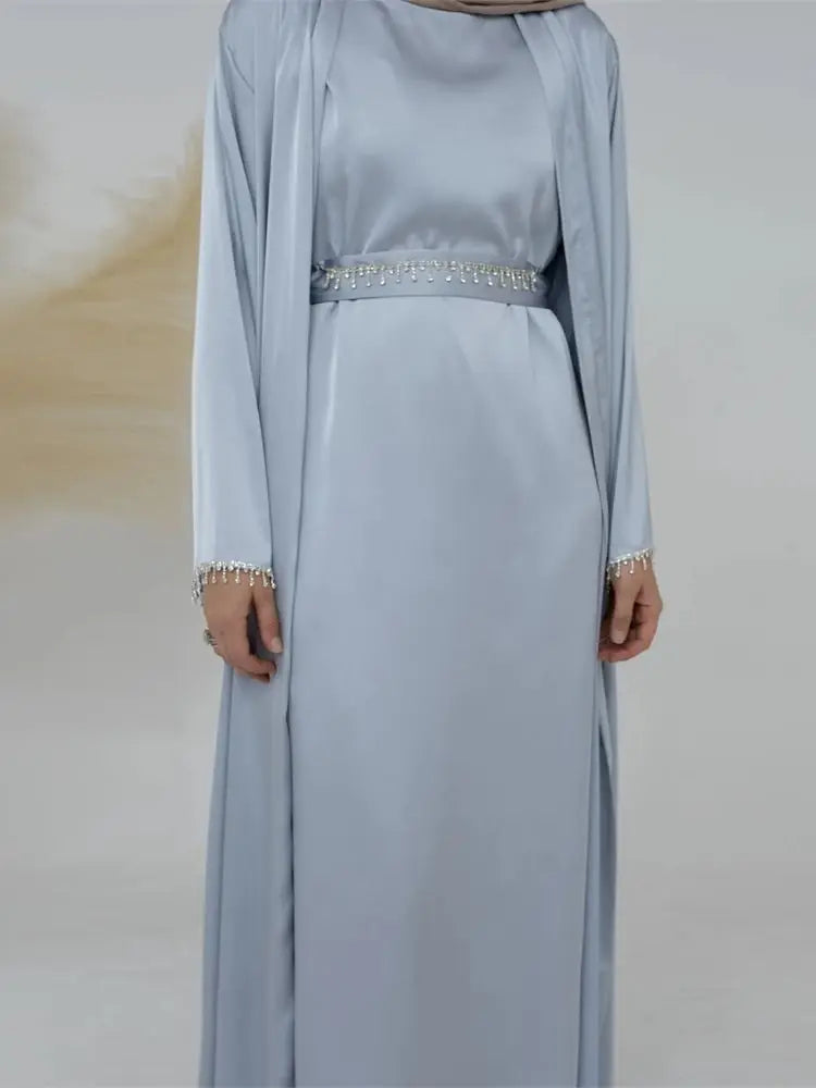 Ramadan Kebaya Chain Satin Kimono 2 Piece Abaya Set Turkey Islam Dress Muslim Sets Abayas For Women Robe Femme Musulmane Kaftan.