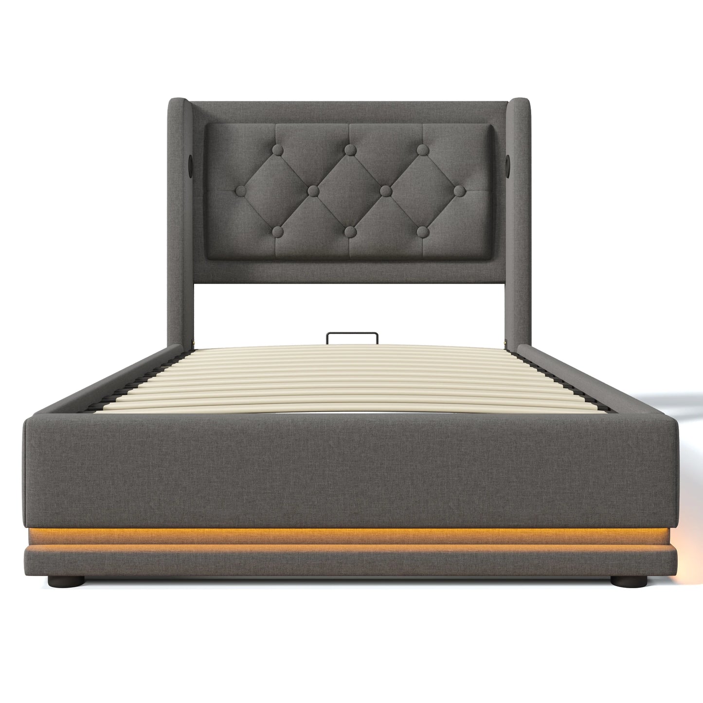 Gepolstertes Einzelbett 90x200 cm, graue Baumwolle, USB-C-Aufladung, 3-seitige LED (keine Matratze)