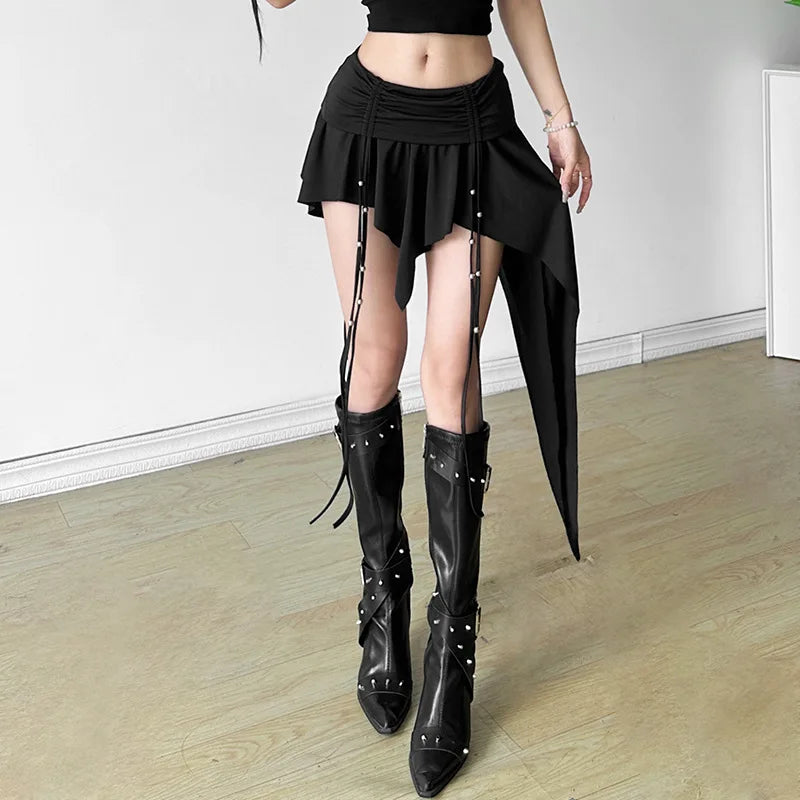 Goth Dark Mall Gothic Dropped Waist Drawstring Mini Skirt Punk Grunge Women Irregular Hem A-line Skirts Chic E-girl Techwear Y2K.