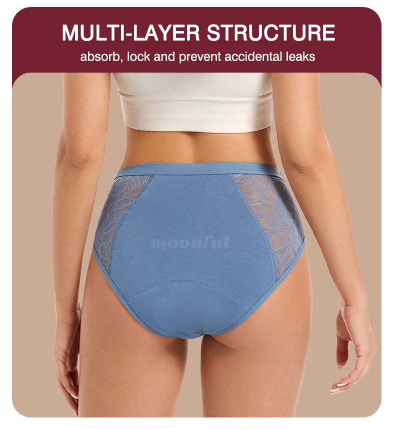 Moonful Women's Menstrual Panties High Waist Leak Proof 4 Layer Breathable Lace Period Underwear Girls Absorbent Brief.