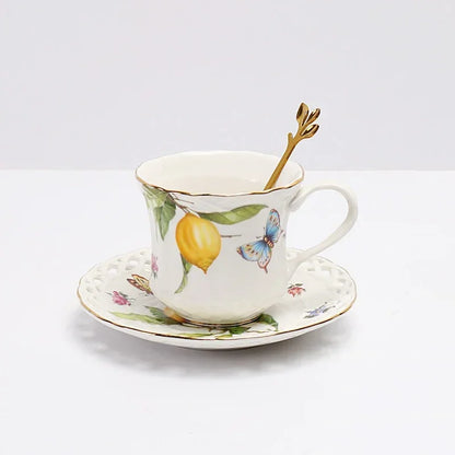 Europeanc Style Ceramic Dining Plate Elegant Lemon Pattern Dinner Steak Plate Coffee Cup Set Western Cuisine Dessert Plate.