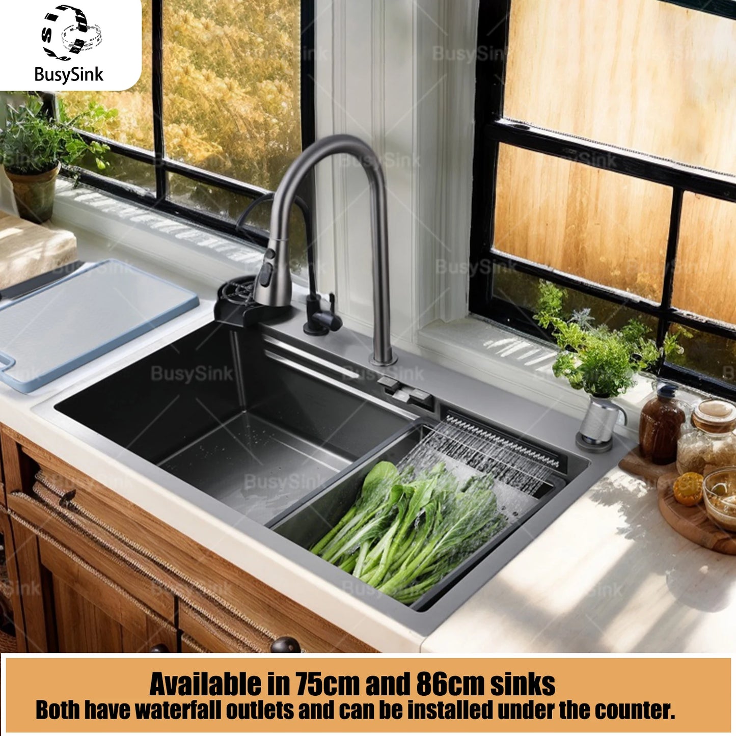 Küchenspüle aus Edelstahl mit Wasserfall, großer Einzelschlitz, multifunktionale Geschirrspülbecken, Unterbaubecken