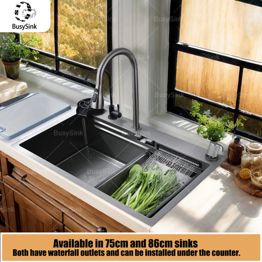 Küchenspüle aus Edelstahl mit Wasserfall, großer Einzelschlitz, multifunktionale Geschirrspülbecken, Unterbaubecken