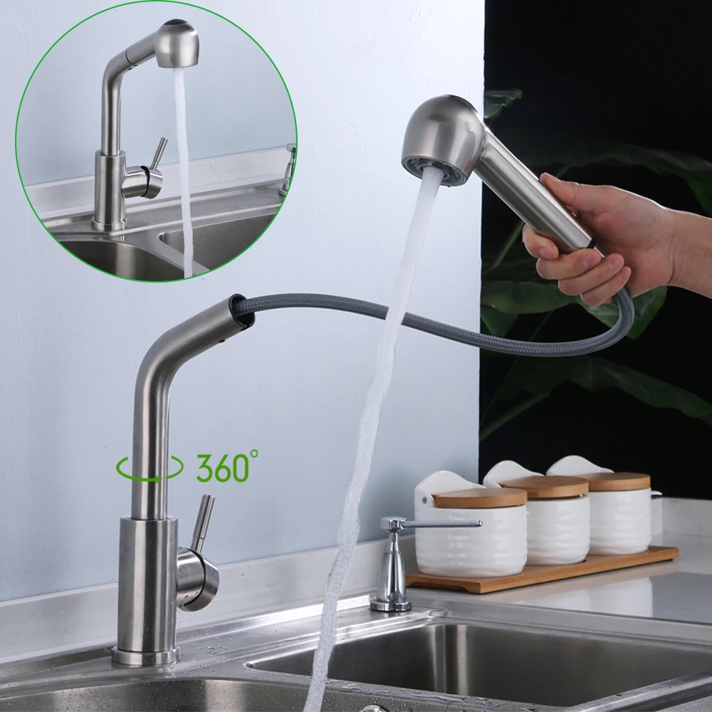 360° Rotating Retractable Sink Faucet Hot and cold Water Button Ceramic Valve Kitchen Stainless Steel Faucet with Shower