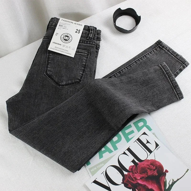 Black Grey Jeans Women's Spring Autumn Winter High-Waisted Petite Stretchy Tight Small Footed Pants Slimming Pencil Leggings.