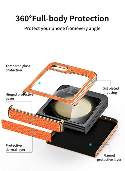 Cowhide Leather Phone Case for Samsung Galaxy Z Flip7 Flip6 Flip5 Flip 7 6 5 Luxury Hinge Protection Cover with Tempered Glass.