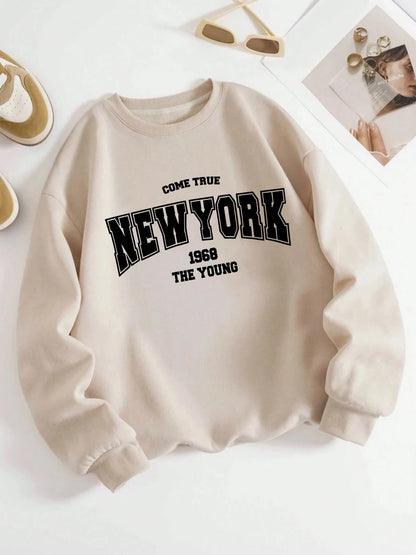 New York 1968 Women Sweatshirt Black Letter Print Sporty Hoodie Winter Casual Fleece Pullover Crewneck Red Hoody Street Clothing.