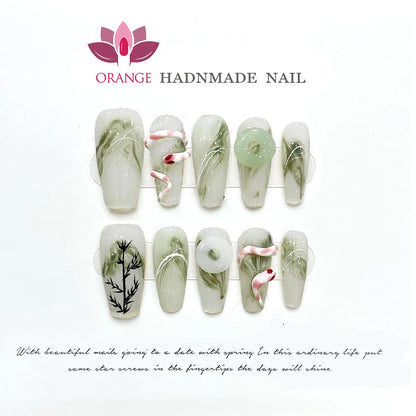 Handmade Fake Nails With Rhinestones Coffin Press On Nails French Manicuree Wearable Full Cover False Nail Tips With Designed.