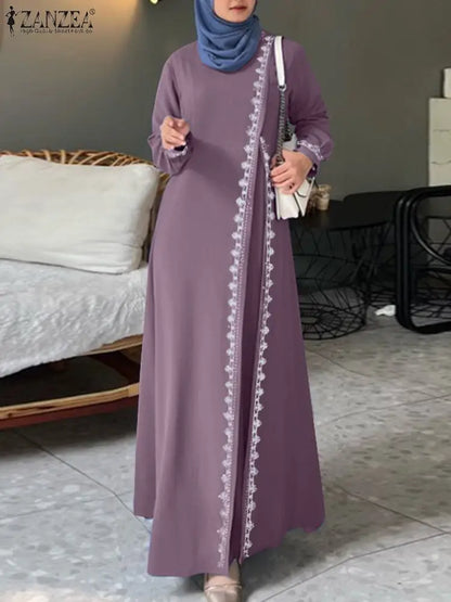 ZANZEA Autumn Women Long Sleeve O Neck Muslim Maxi Dress Kaftan Elegant Lace Crochet Loose Turkey Abaya Vestidos Islamic Dresses.