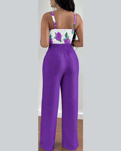 Women Fashion Print Halter V-Neck Short Tank Suit Tops Long Pants Matching Set Summer Casual Female Slim Pants Two Piece Sets