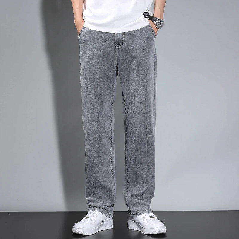 Summer Thin Men's Straight Loose Gray Jeans Soft Fabric Lyocell Fabric Light Colored Casual Pants Male Brand Trousers.