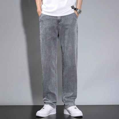 Summer Thin Men's Straight Loose Gray Jeans Soft Fabric Lyocell Fabric Light Colored Casual Pants Male Brand Trousers.