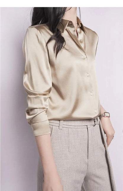 Spring Summer Casual Women's Satin Shirt Lapel Long Sleeve Blouse Loose Solid Color Office Lady Fashion Shirts Top.