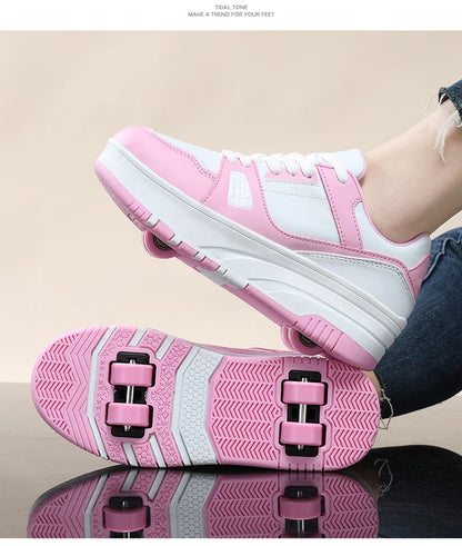 Four wheel roller shoes Boys girls walking shoes Casual outdoor sports slide and shrink school students pulleys shoes sneakers.