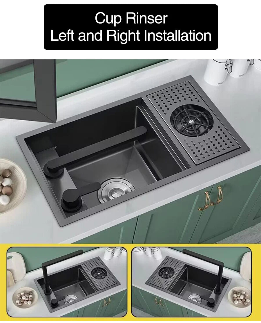 ASRAS Nano Black Small Size Kitchen Sink Cup Washer Hidden Bar Counter Cover Concealed Single Bowl Sinks With Lifting Faucet