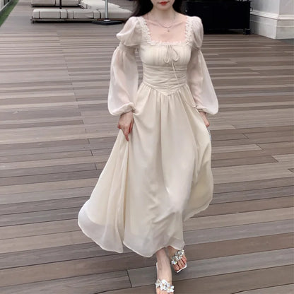 2024 Französisch elegante Prinzessin Abend party Midi Kleider für Frauen A-Linie schlanke Bandage Langarm Vestidos koreanische Frühlings kleidung.