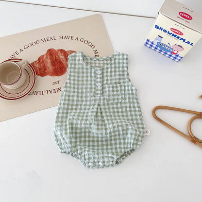 2024 Sommer Baby kleidung Plaid Kleinkind Jungen Mädchen Bodysuit ärmel los einteiliges Kleinkind Outfit.